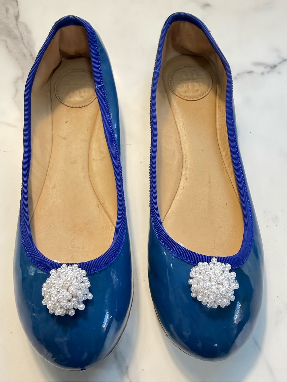 Tory Burch Blue Patent Ballet Flats with Pearl Cluster